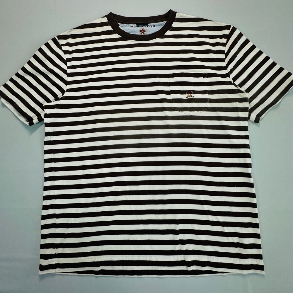 Tommy Hilfiger Mens Striped Pocket‎ T-Shirt Brown Cream Crest Logo ESQ-GFU